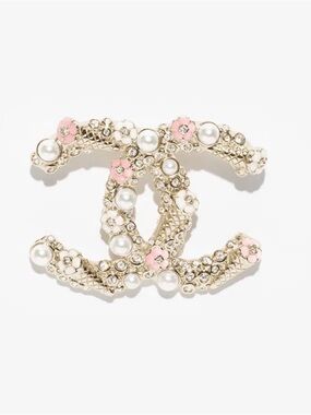 CHANEL Gold CC Brooch with Pink Flower Accents and Pearly White Pearls 2025/2026